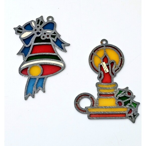 Stained Glass Vintage Suncatcher Christmas Ornament Lot 2 Candlestick & Bell VGC - Picture 3 of 8